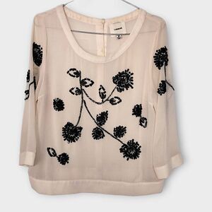 I Madeline Womens Blouse Sz Medium Peach Sheer Chiffon Black Beads Dressy Evenin